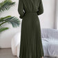 Pleated Half Button Long Sleeve Midi Dress