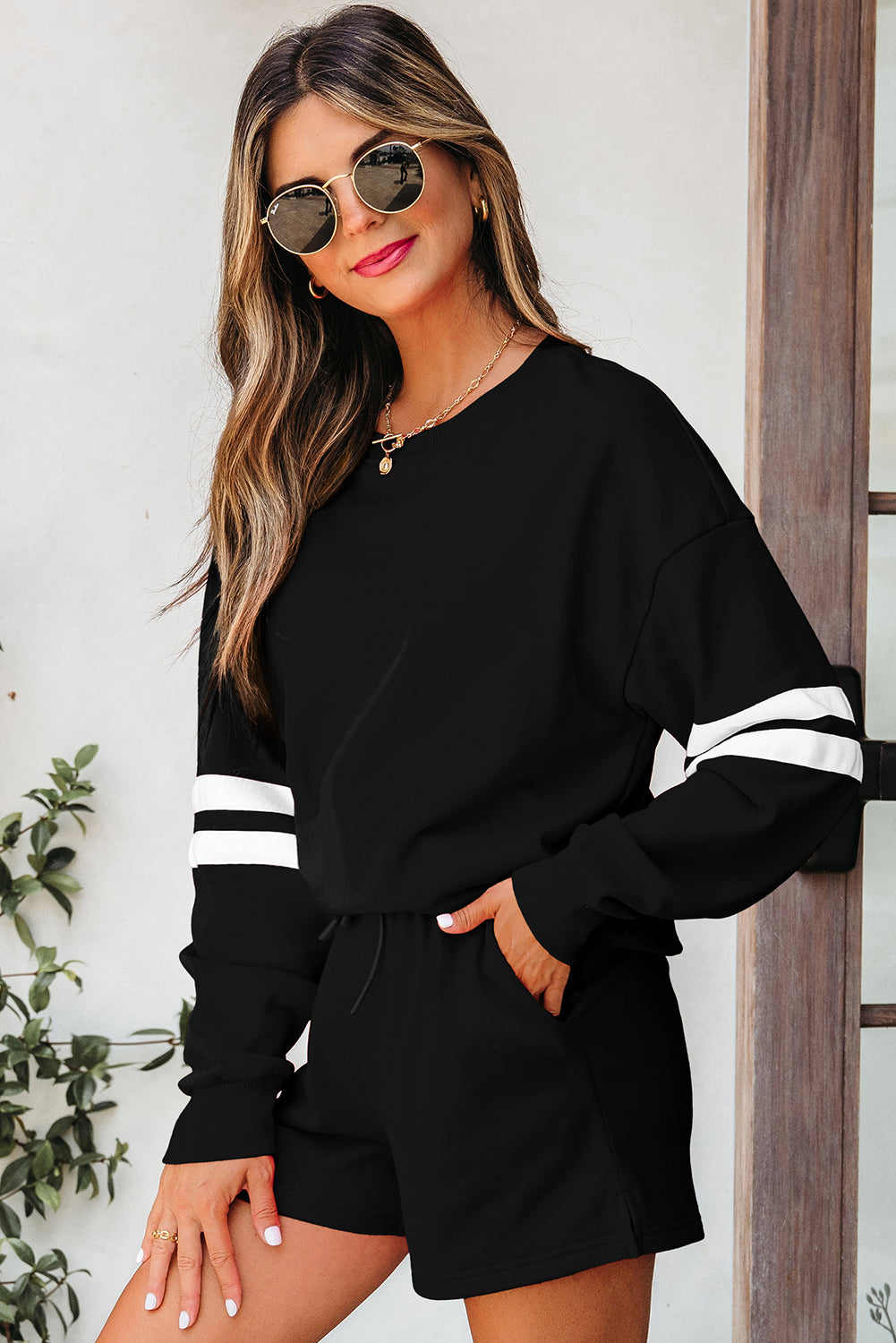 Activepologie Comfy Black Varsity Stripe Oversized Women's Sweatshirt & Shorts Outfit at LaurenNichole