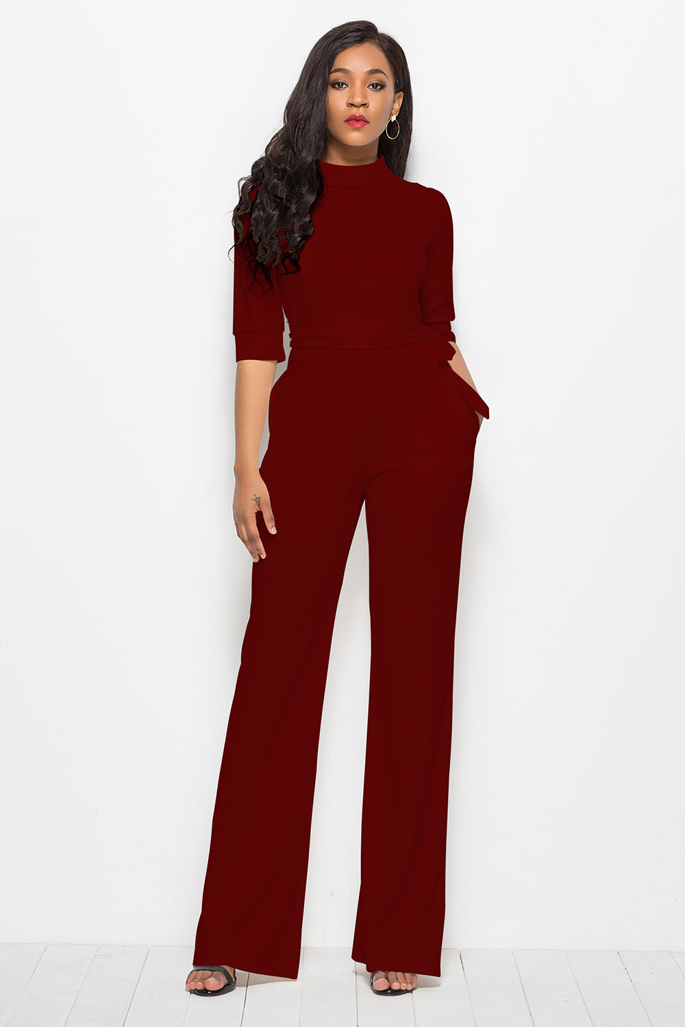 Elegant Mock Neck Tie-Waist Jumpsuit