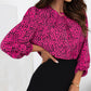 Rose Leopard Print Pleated Blouse with Keyhole