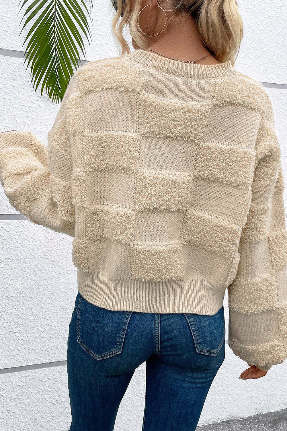 Cozy Checker Sherpa Crew Neck Oversized Sweater