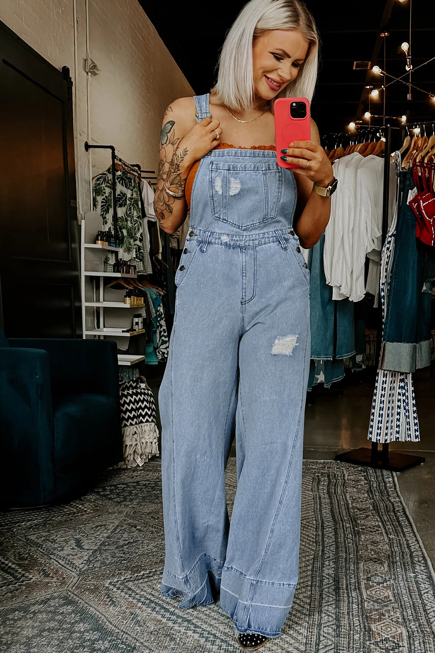 LaurenNichole Vintage Distressed Denim Wide-Legged Overall Jumpsuit