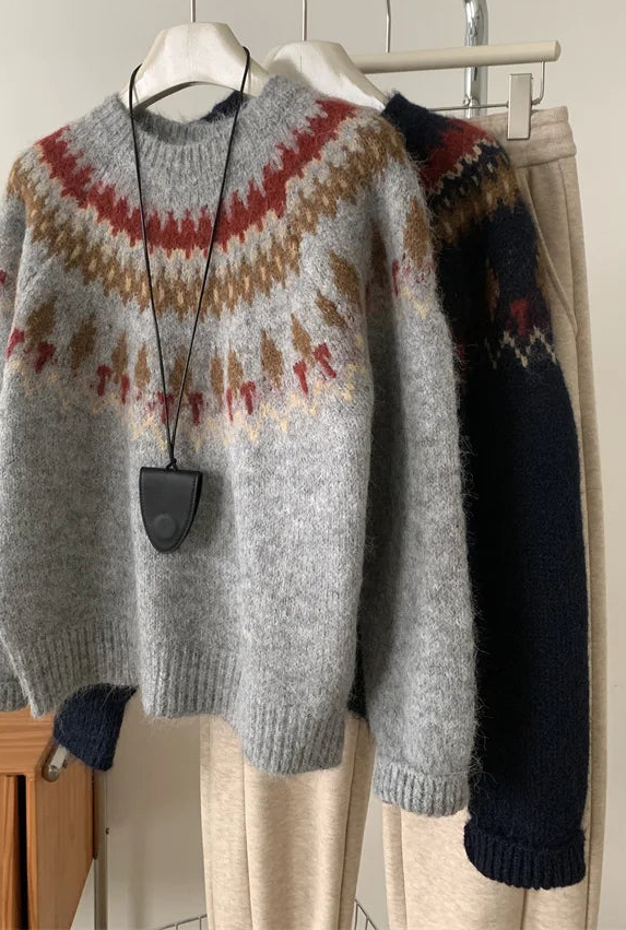 Soft Warm Cozy Jacquard Oversized Casual Wool Knit Sweater