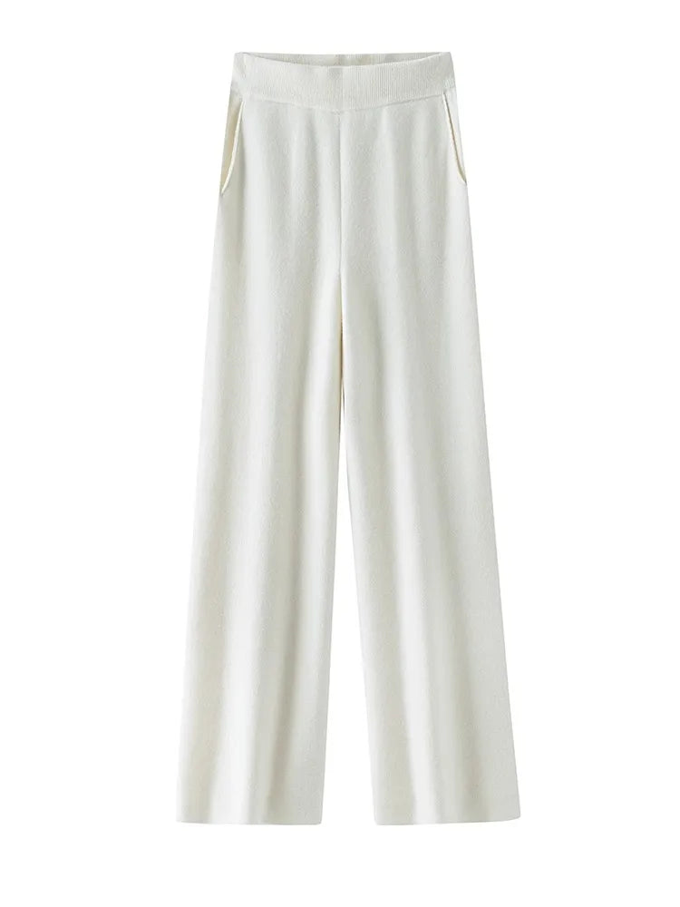 Elegant Pure High Waist Drooping Wide-Leg Pants Women's Outer Wear with Pockets Baggy Straight Trousers Knitted Mop Trousers