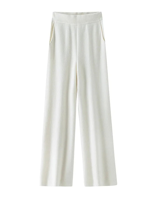 Elegant Pure High Waist Drooping Wide-Leg Pants Women's Outer Wear with Pockets Baggy Straight Trousers Knitted Mop Trousers