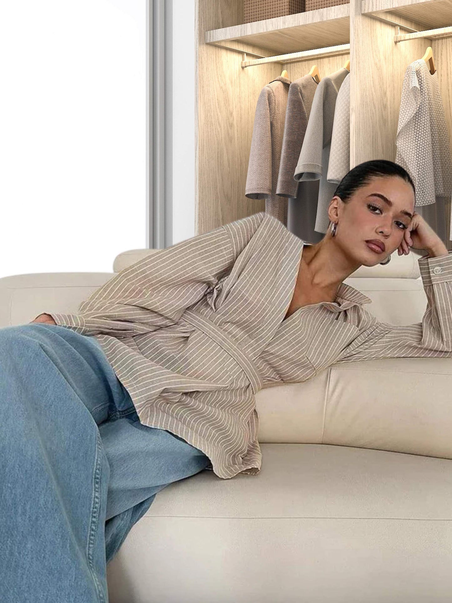 Classic Oversized Button-Up  Brown Pinstripe Shirt