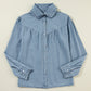 Vintage Blue Elegant Ruffled Collared Chambray Shirt