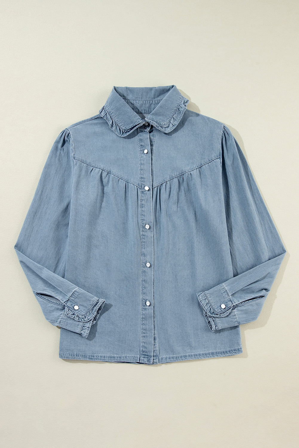 Vintage Blue Elegant Ruffled Collared Chambray Shirt