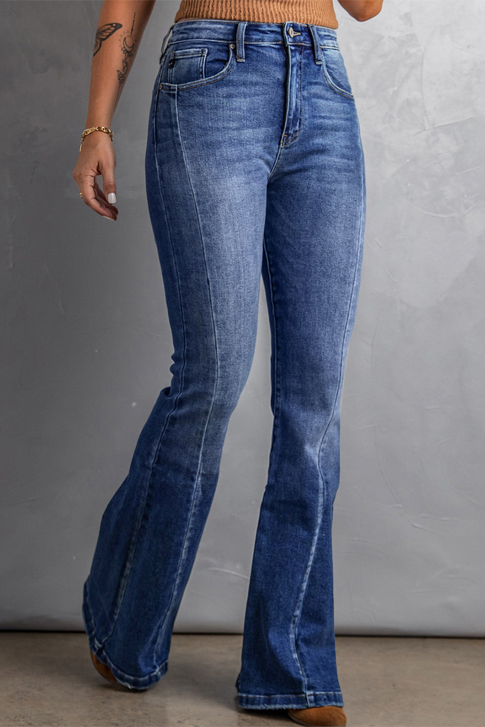 Dark Denim Blue Tailored Washed Flare Jeans (S - 2X)