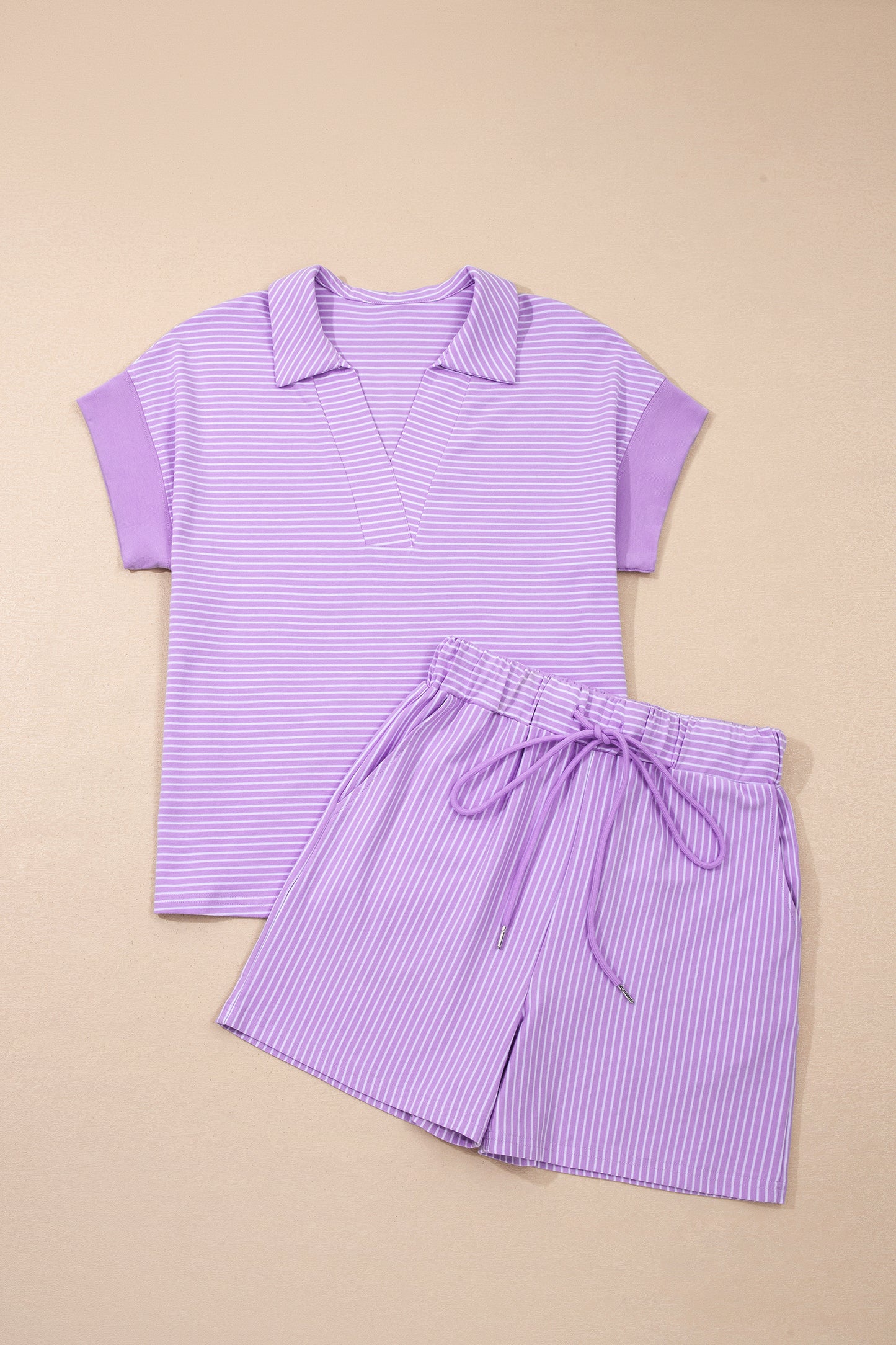 LaurenNichole Daydream Stripe Dolman Sleeve Polo & Drawstring Shorts Outfit — Pastel Casual 2-Piece Outfit (S–2X)