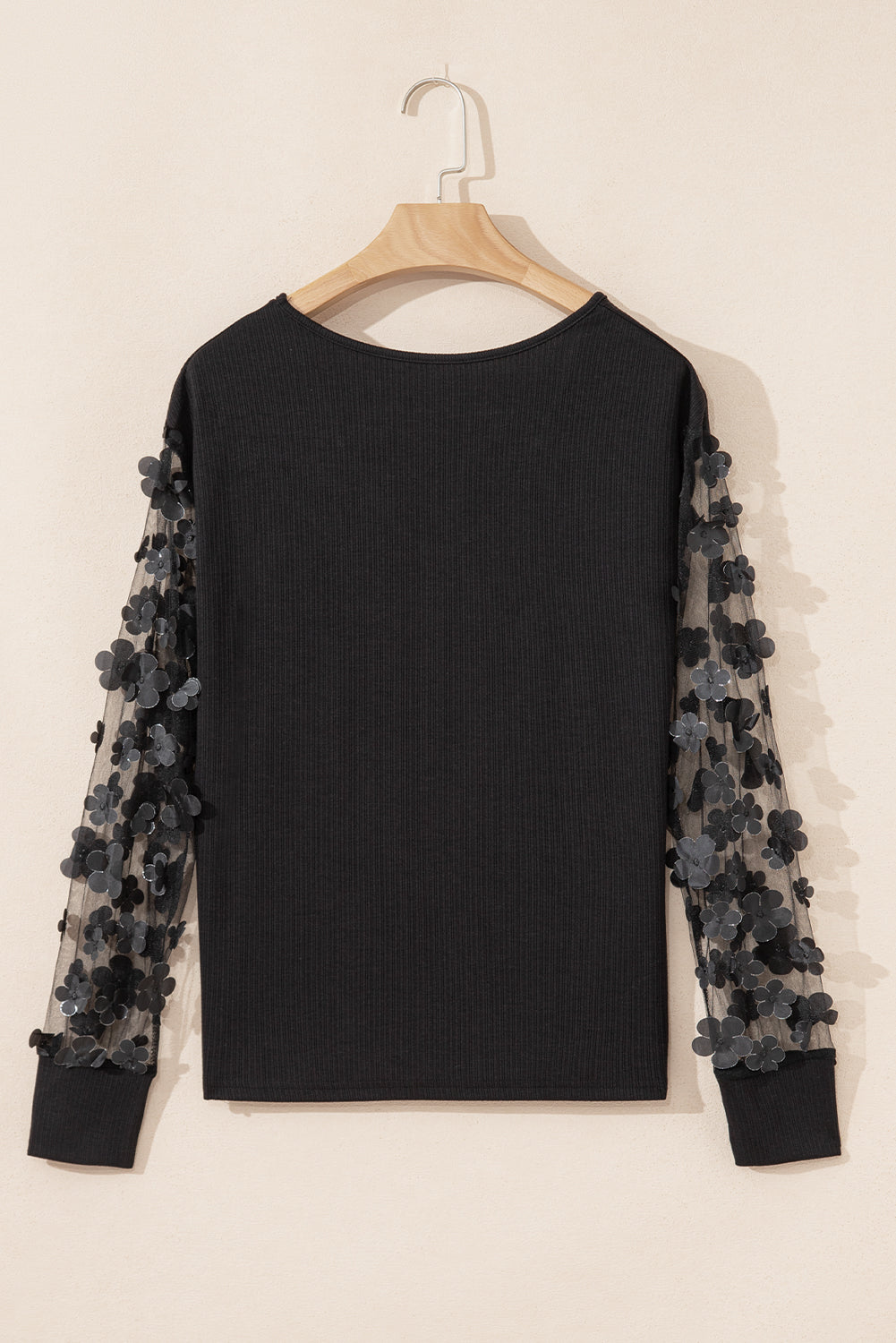 Black Floral Applique Mesh Long Sleeve V Neck Blouse