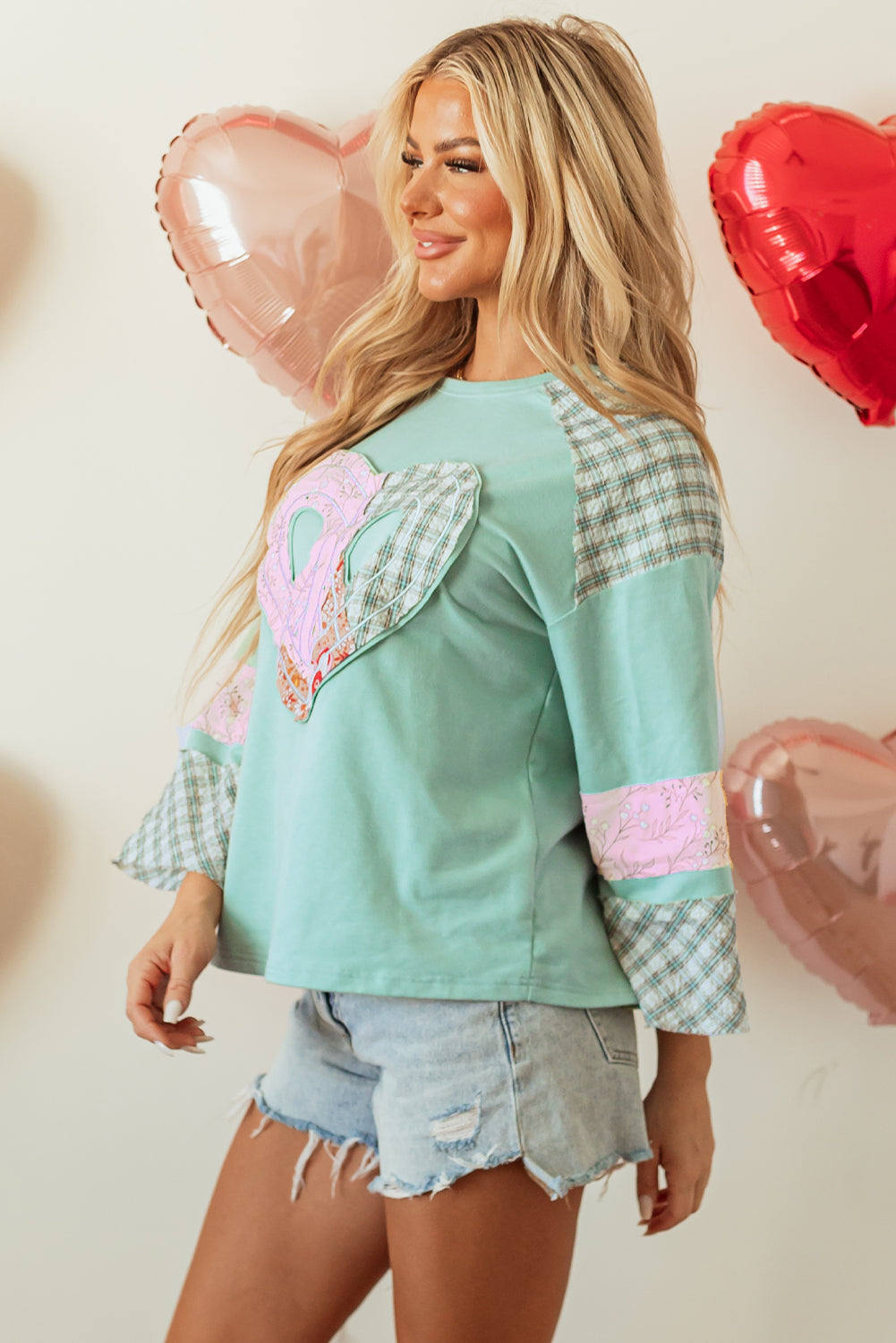 Plaid Floral Love Peace Bishop Sleeve Shirt S - 3X