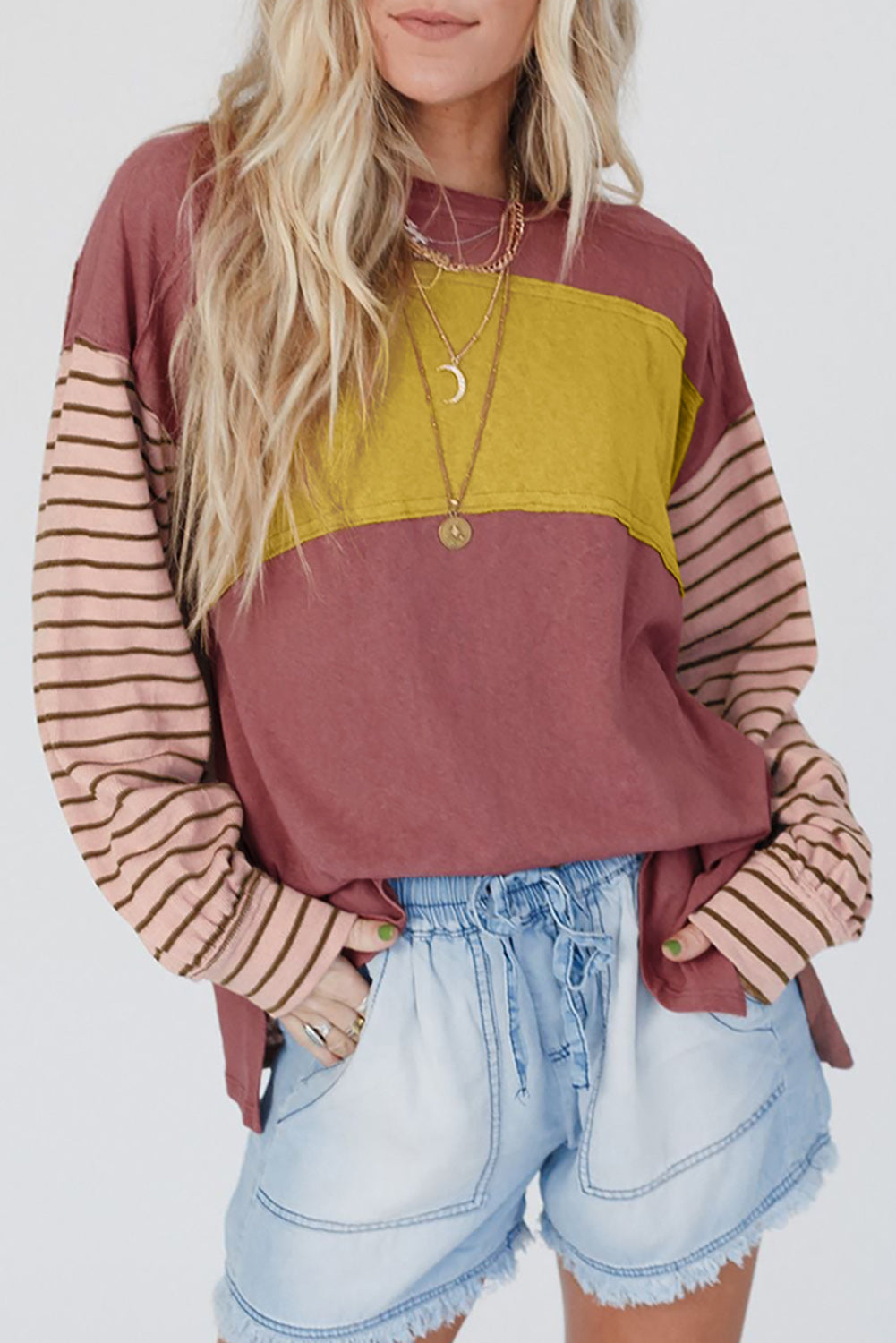 Casual Colorblock Striped Bishop Sleeve Shirt