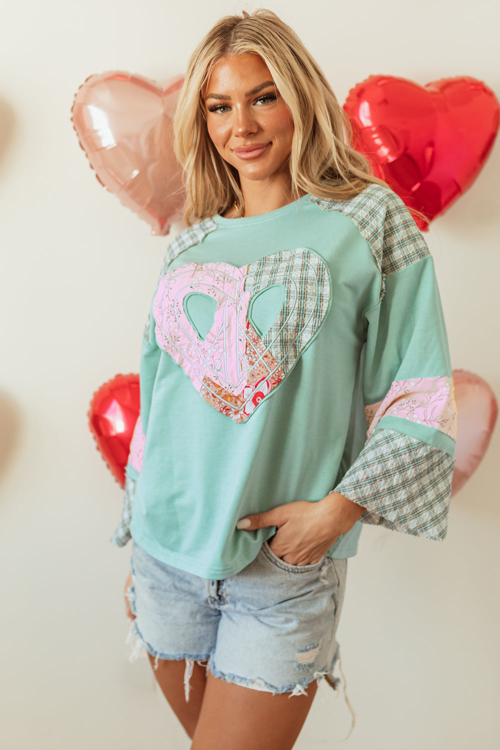 Plaid Floral Love Peace Bishop Sleeve Shirt S - 3X