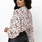 Leopard Lantern-Sleeve Pleated Blouse