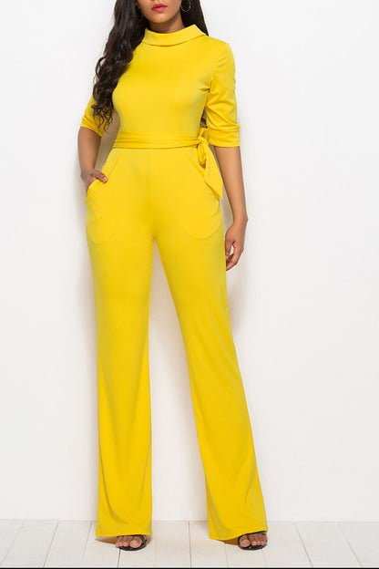 Elegant Mock Neck Tie-Waist Jumpsuit