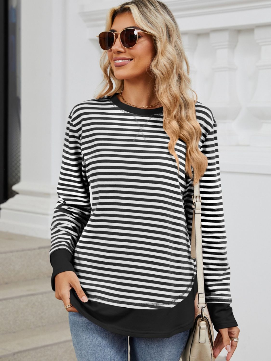 Striped Round Neck Long Sleeve Sweatshirt