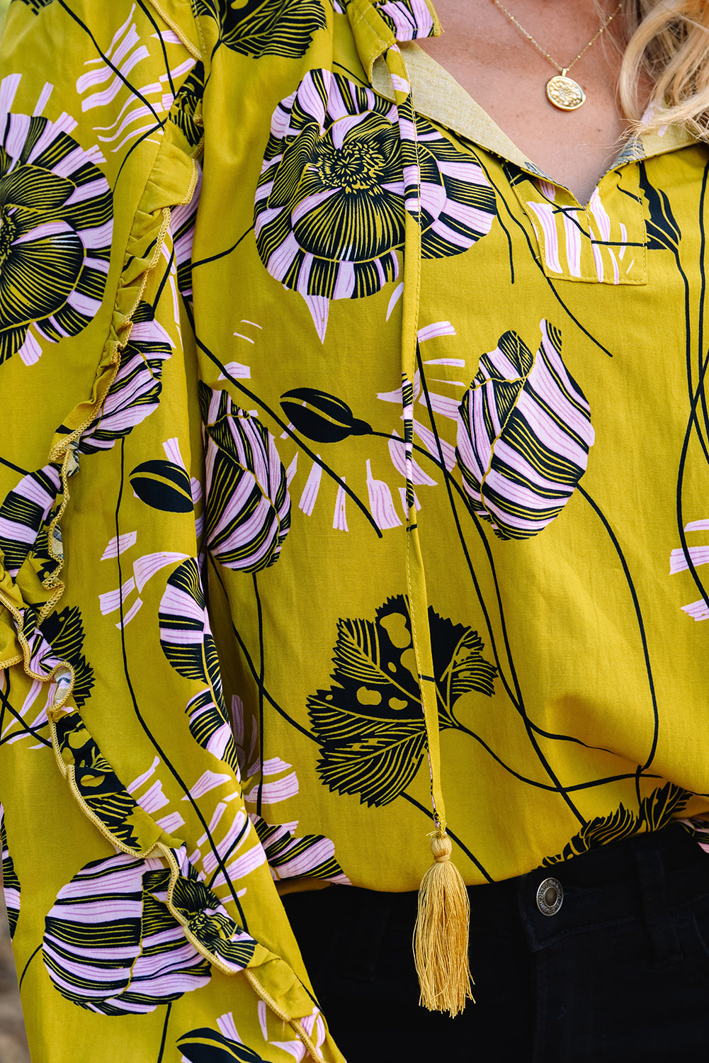 Vintage Floral V Neck Ruffle Trim Long Sleeve Blouse