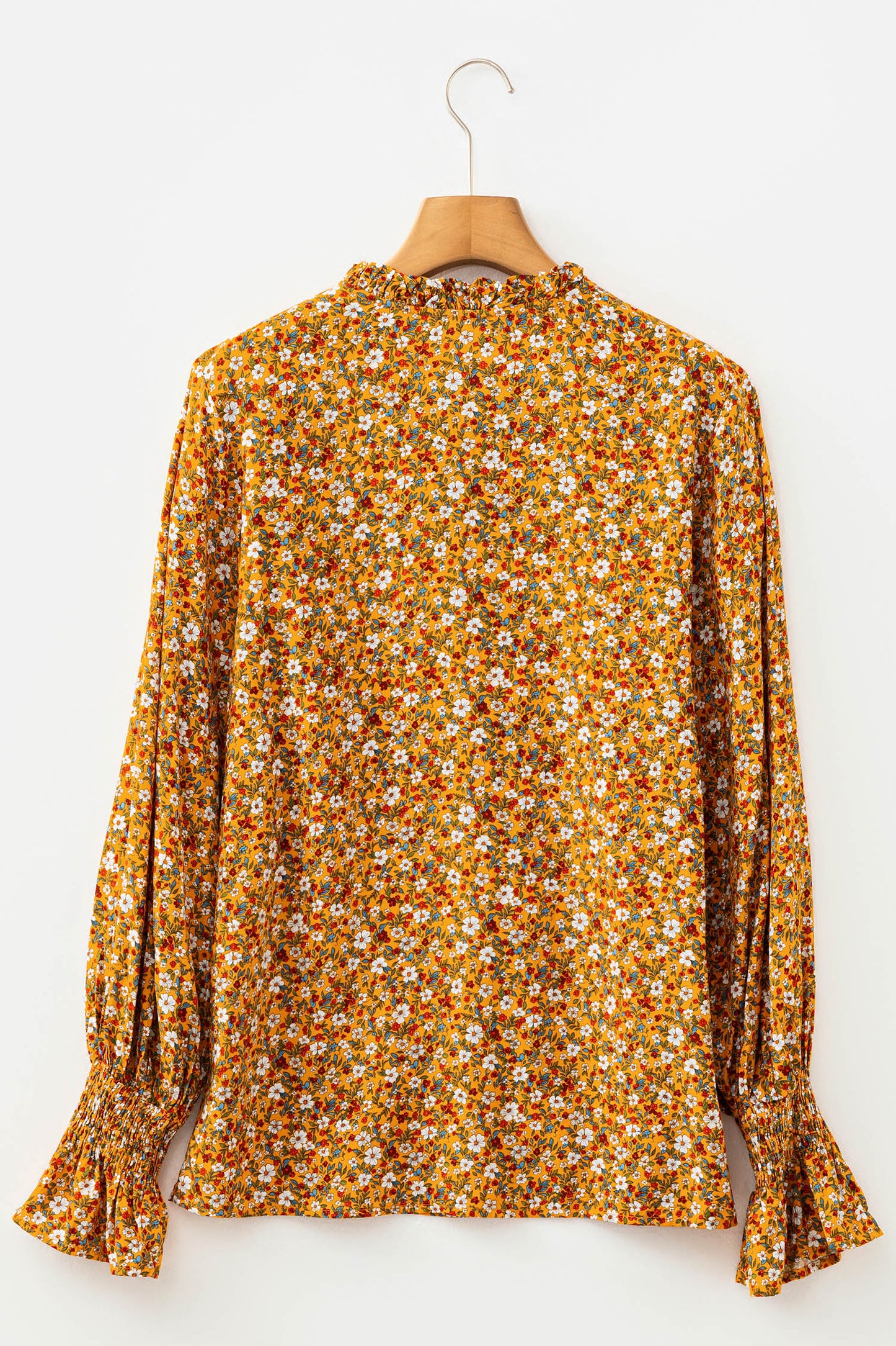 Orange Boho Floral Ruffled Bubble Sleeve V Neck Fall Blouse