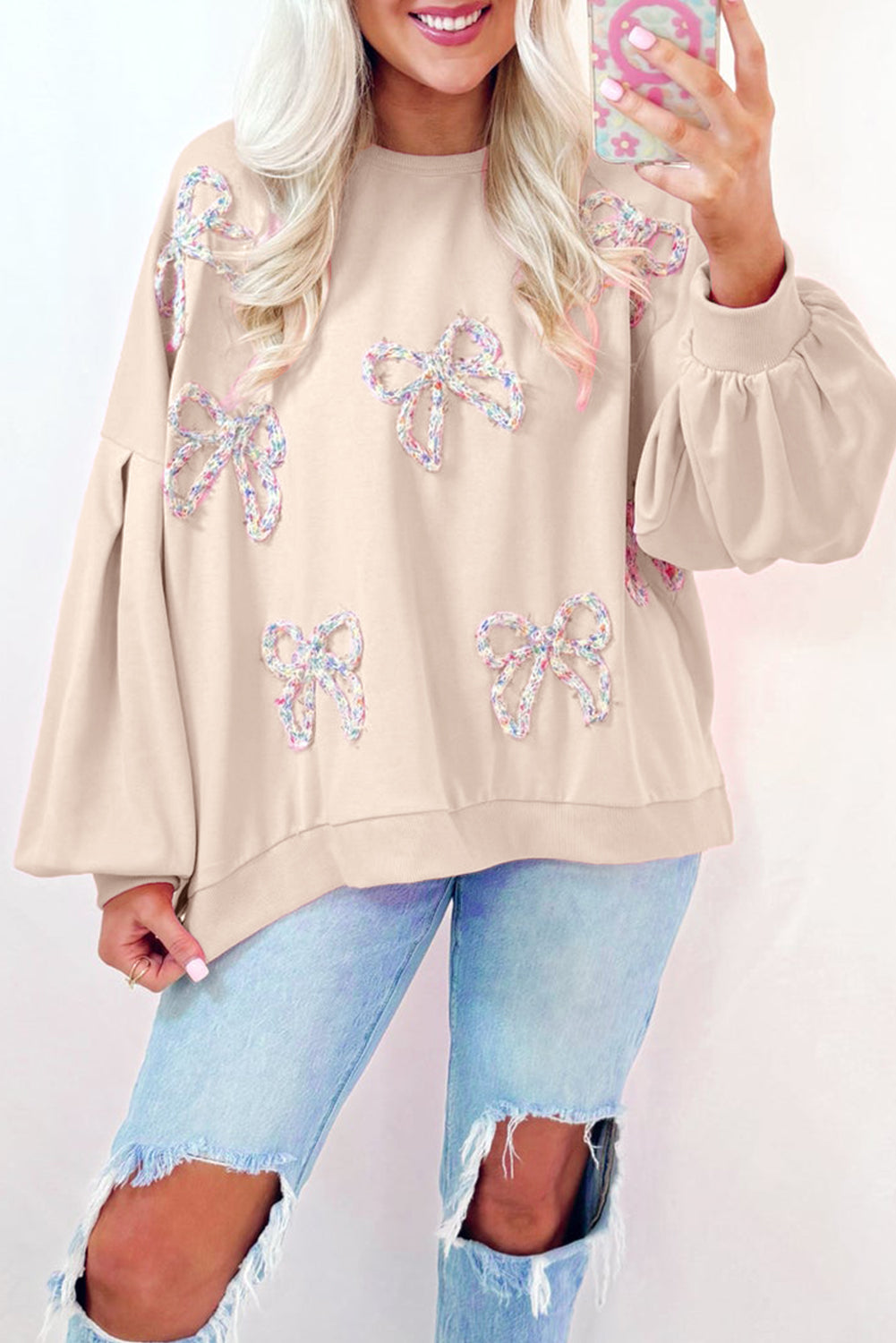 Embroidered Bow Lantern Sleeve Sweatshirt in 2 Colors (S - 3X)