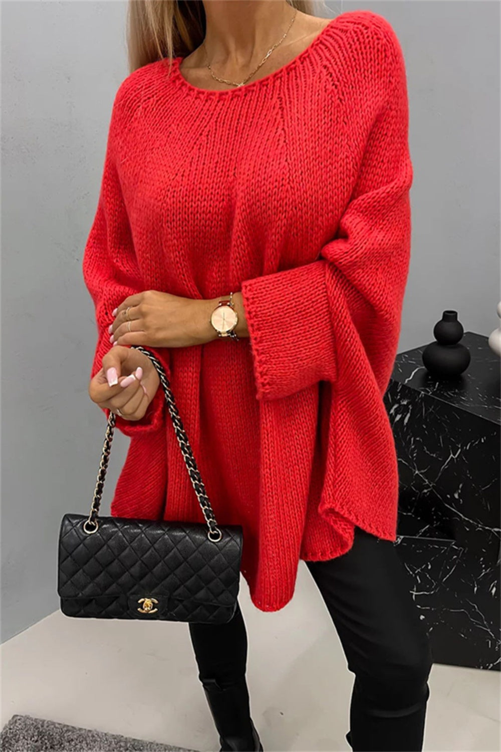 Elegant Round Neck Poncho Long Sleeve Sweater