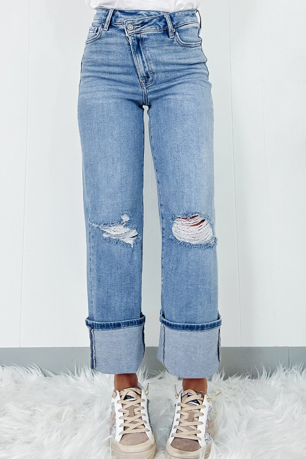 Layered Button Fly Wide Leg Stove Pipe Cuff Ankle Jeans