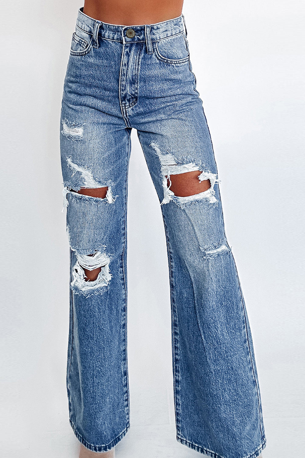 Comfy Classic Washed Distressed Wide-Leg Jeans