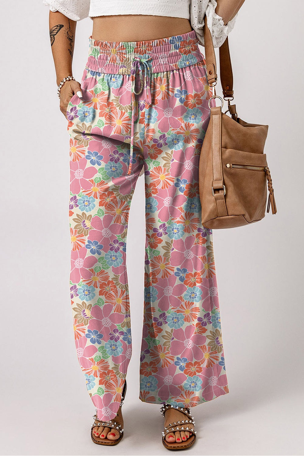 Chic Floral Drawstring Wide Leg Pants