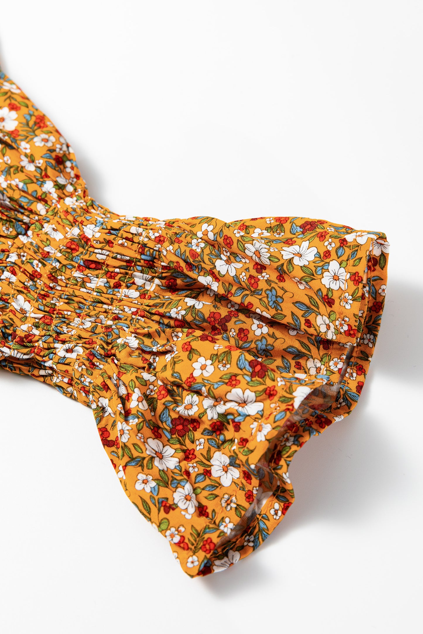 Orange Boho Floral Ruffled Bubble Sleeve V Neck Fall Blouse