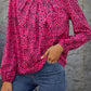 Rose Leopard Print Pleated Blouse with Keyhole