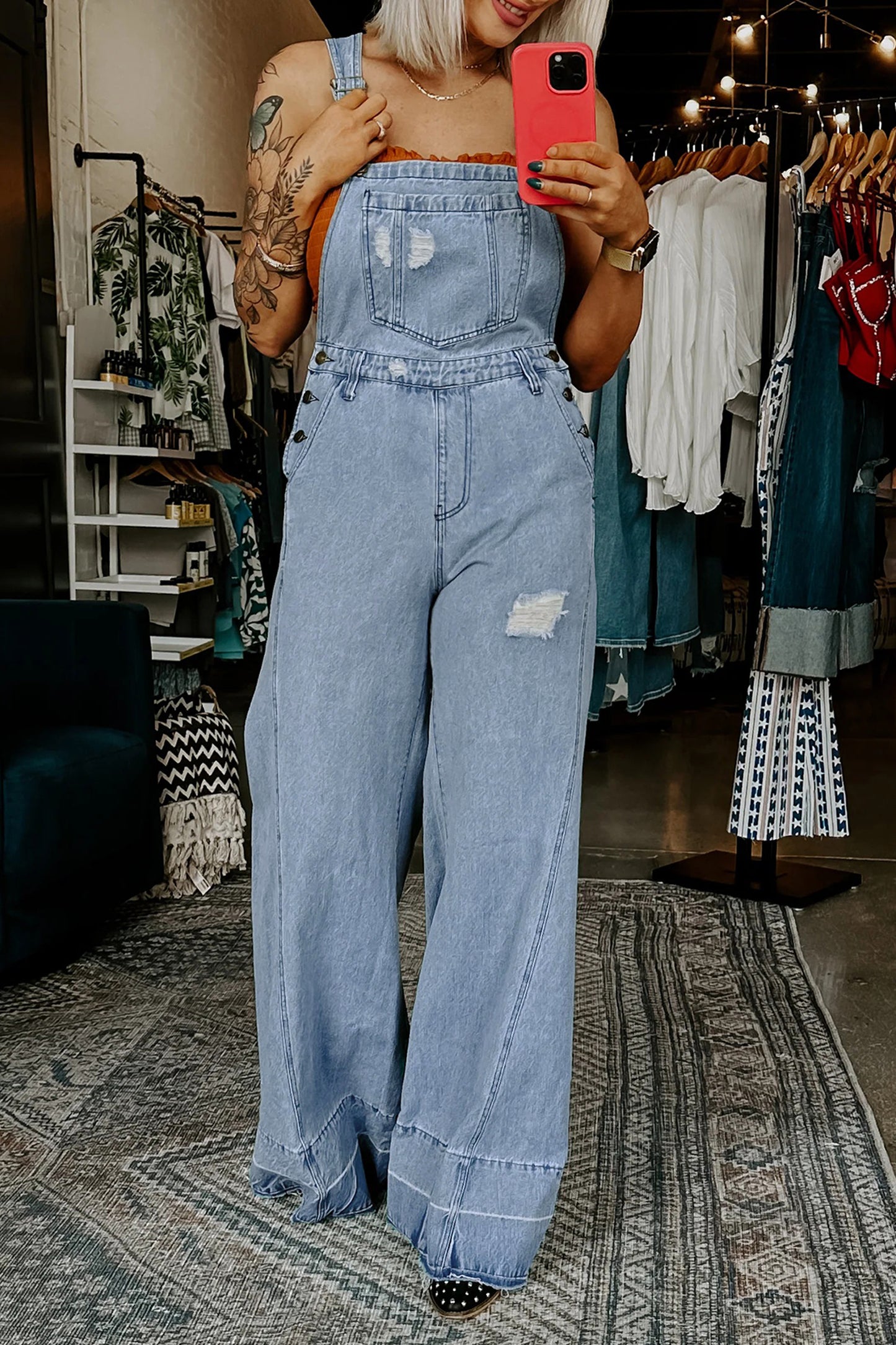 LaurenNichole Vintage Distressed Denim Wide-Legged Overall Jumpsuit