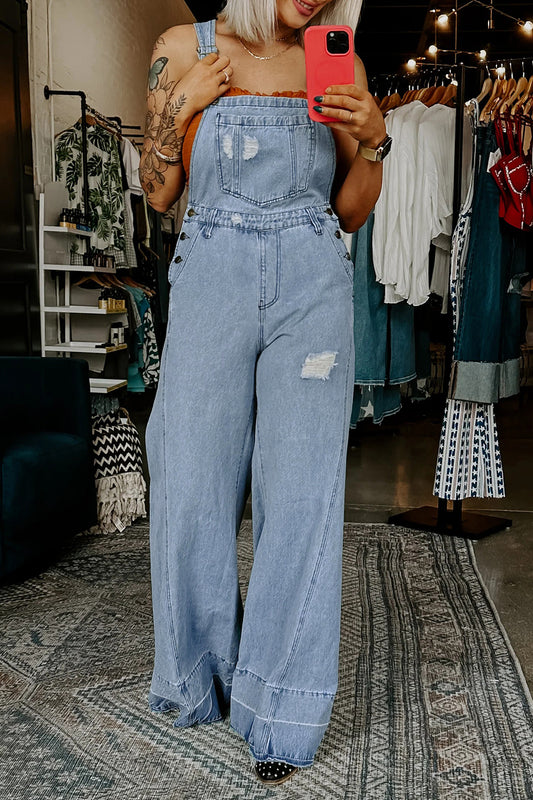 LaurenNichole Vintage Distressed Denim Wide-Legged Overall Jumpsuit