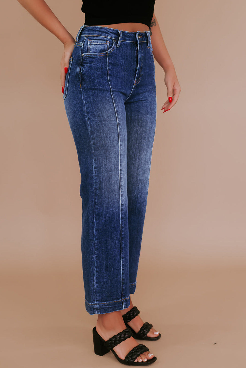 Navy Blue Tailored Wide Leg High Waist Jeans (up to 2X)