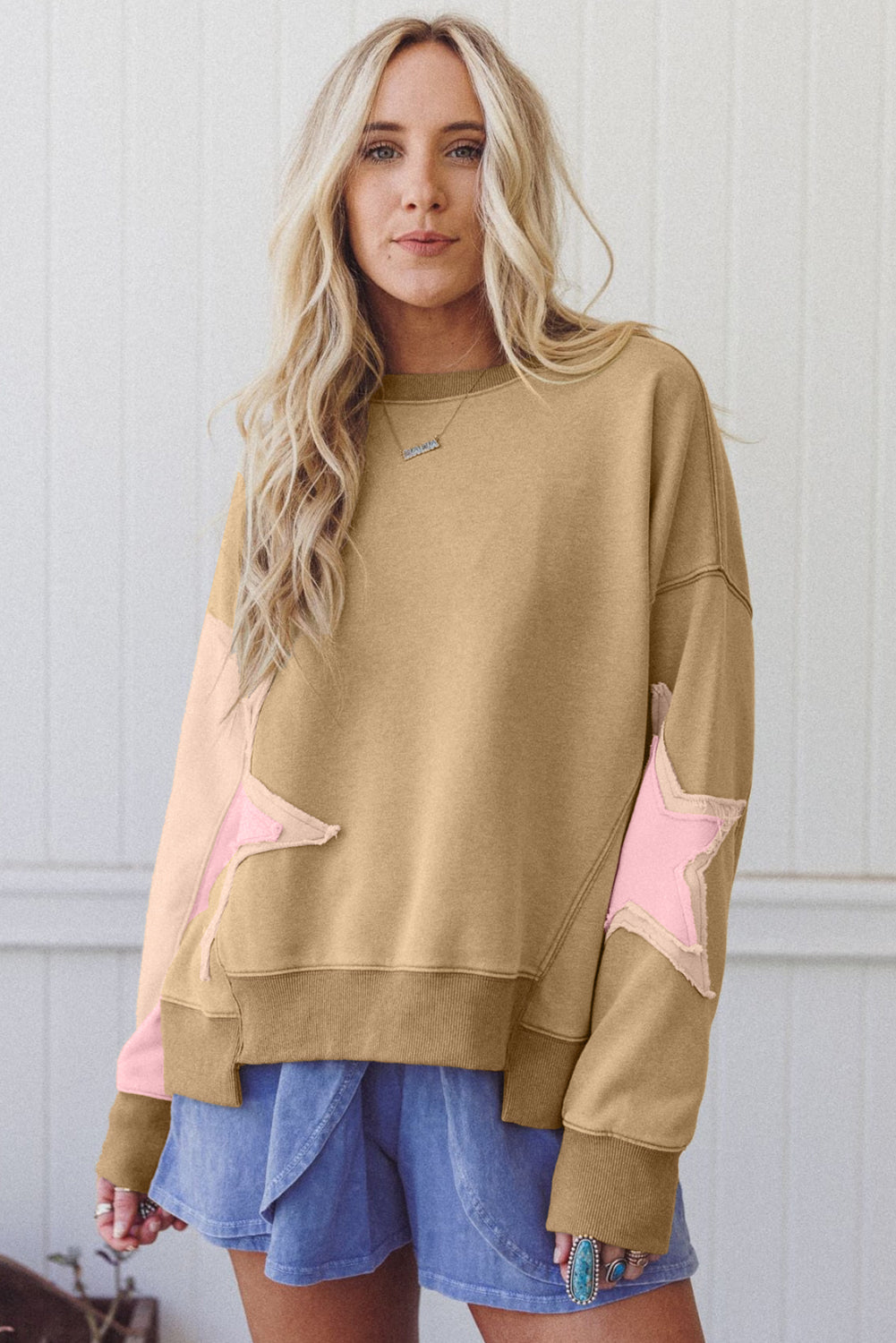 The Daydream Brown Oversrized Cozy Star Uneven Hem Sweatshirt at LaurenNichole