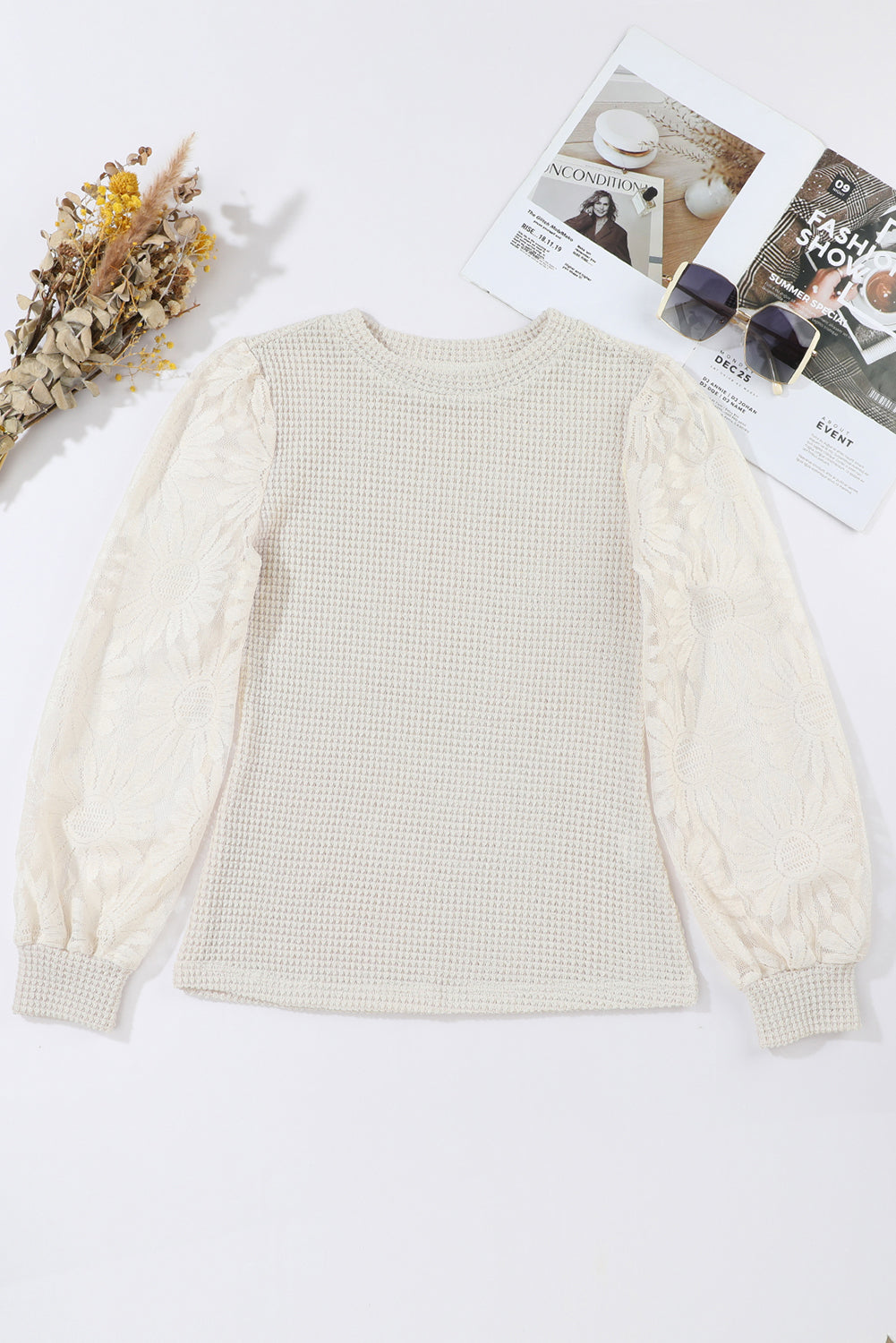 Elegant Sunflower Mesh Sleeve Waffle Knit Shirt