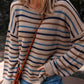 Cozy Brown Colorful Stripped Knit Crew Neck Sweater