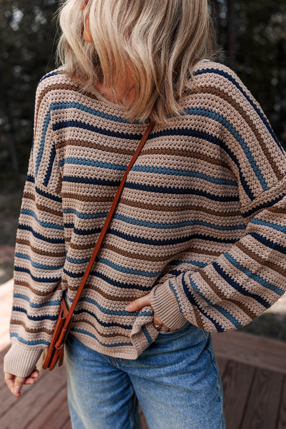 Cozy Brown Colorful Stripped Knit Crew Neck Sweater
