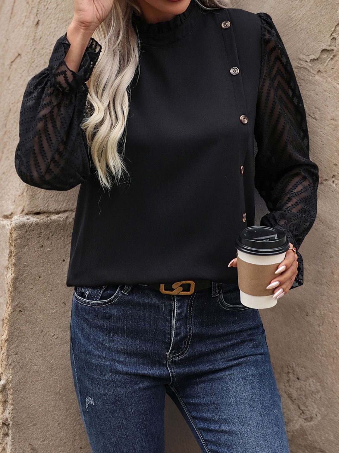 Elegant Mock Neck Flounce Sleeve Blouse