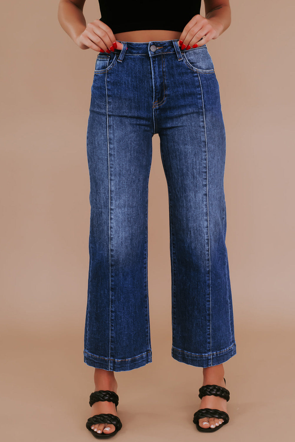 Navy Blue Tailored Wide Leg High Waist Jeans (up to 2X)