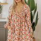 Beige Floral V Neck Smocked Bishop Sleeve Babydoll Dress