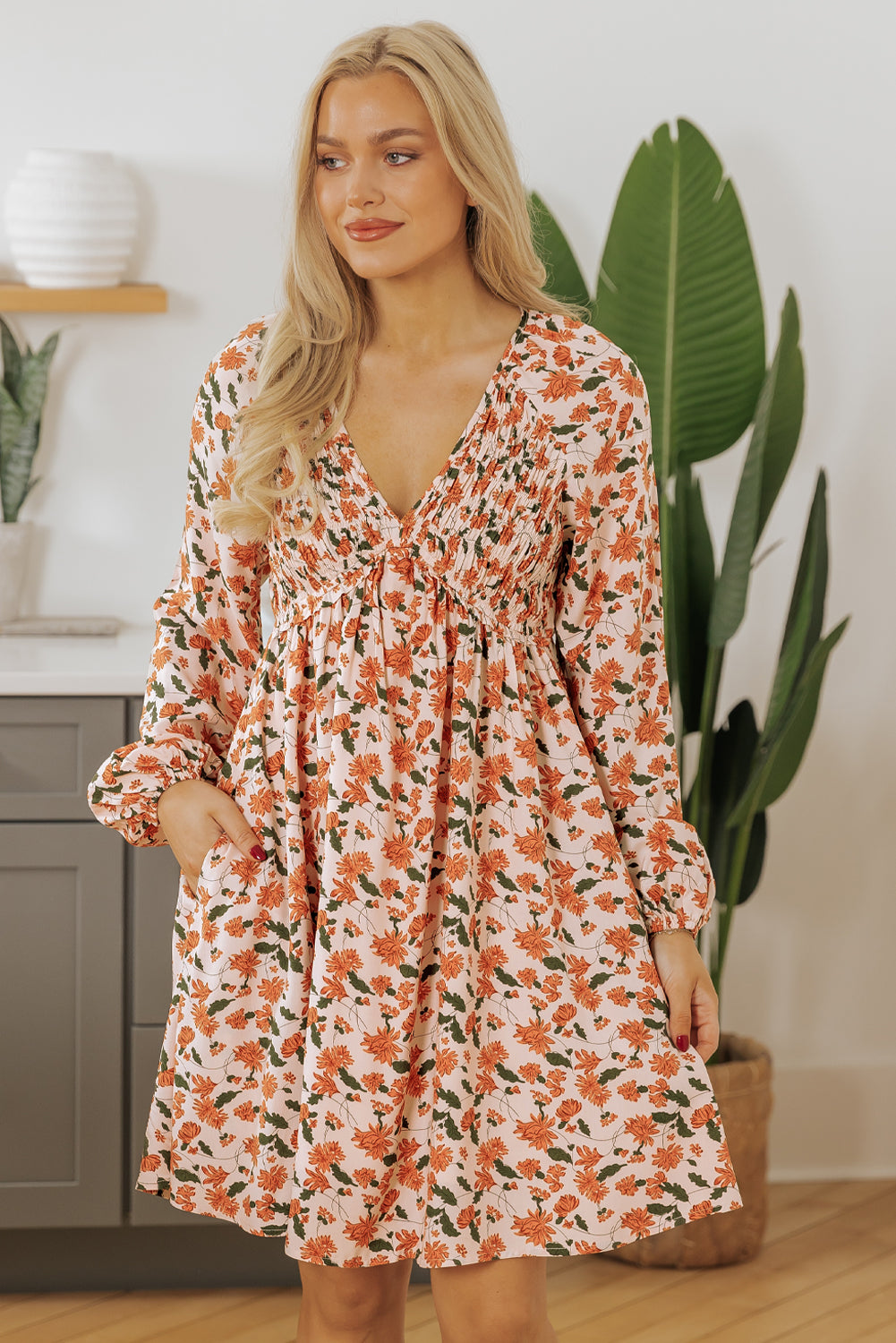 Beige Floral V Neck Smocked Bishop Sleeve Babydoll Dress