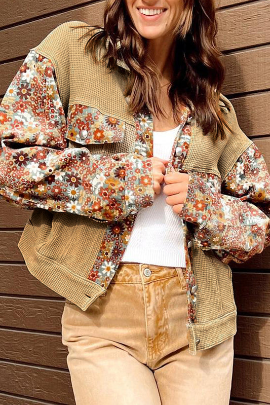 Khaki Floral Waffle Knit Colorblock Button up Jacket