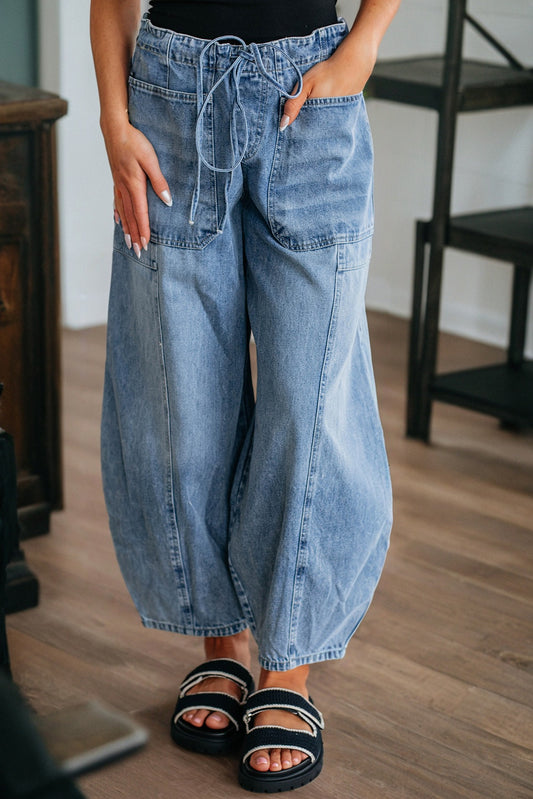 High Waist Paperbag Drawstring Barrel Jeans