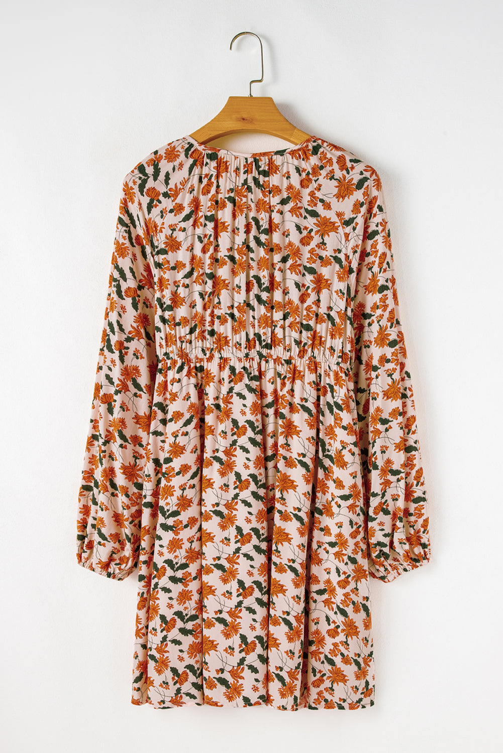 Beige Floral V Neck Smocked Bishop Sleeve Babydoll Dress