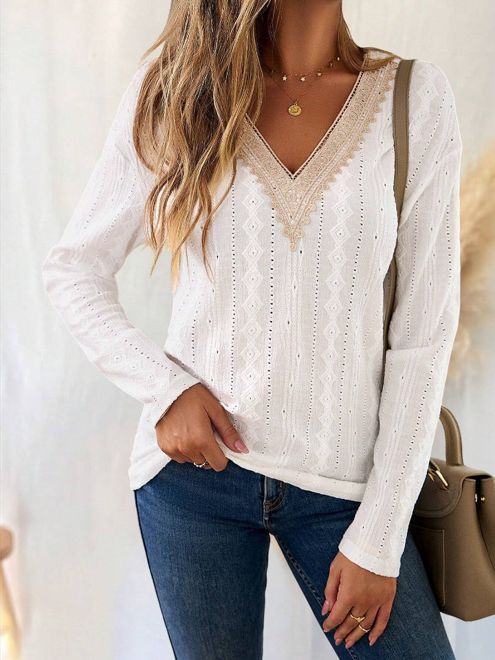 Eyelet Lace V-Neck Dropped Shoulder T-Shirt