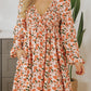 Beige Floral V Neck Smocked Bishop Sleeve Babydoll Dress