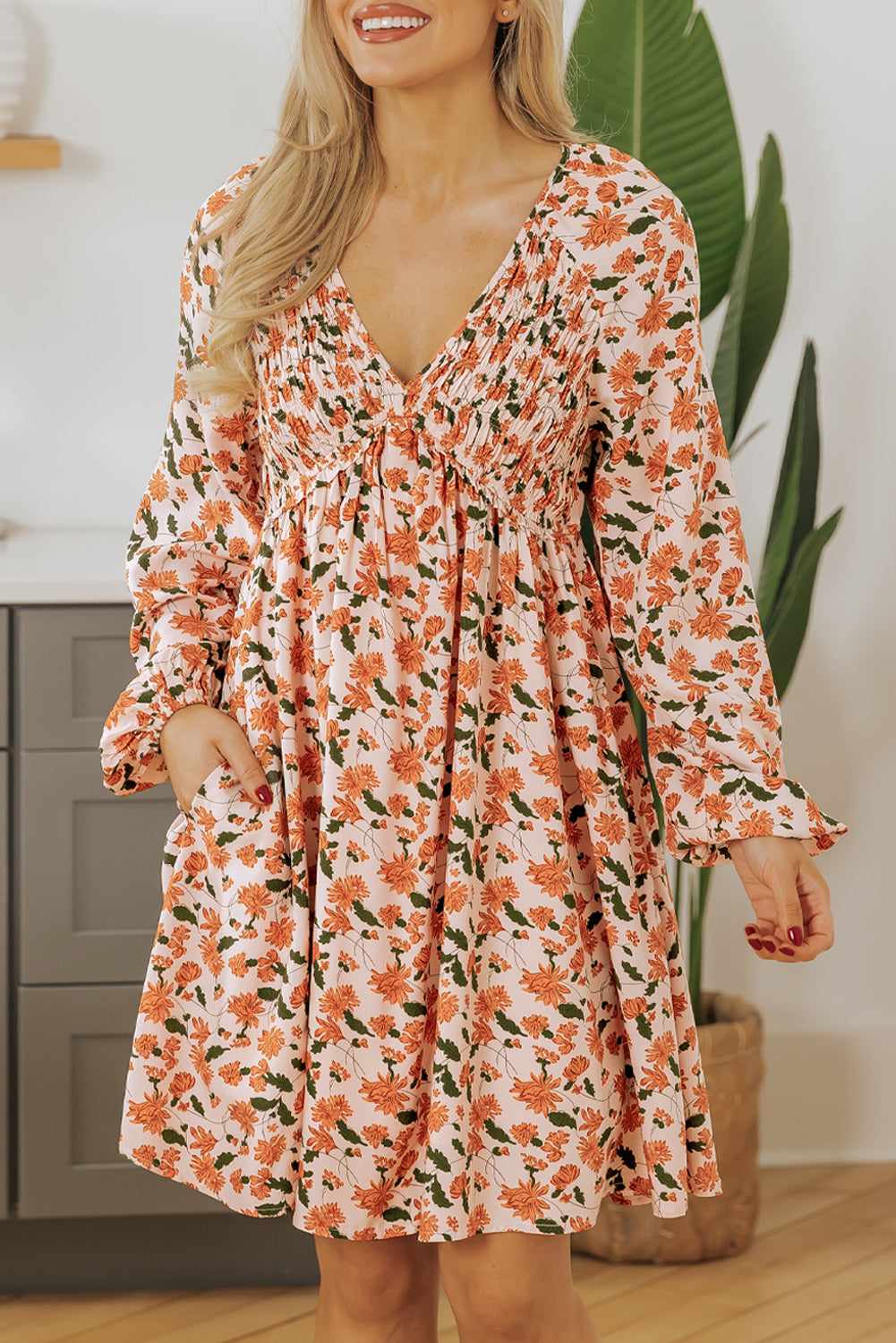 Beige Floral V Neck Smocked Bishop Sleeve Babydoll Dress
