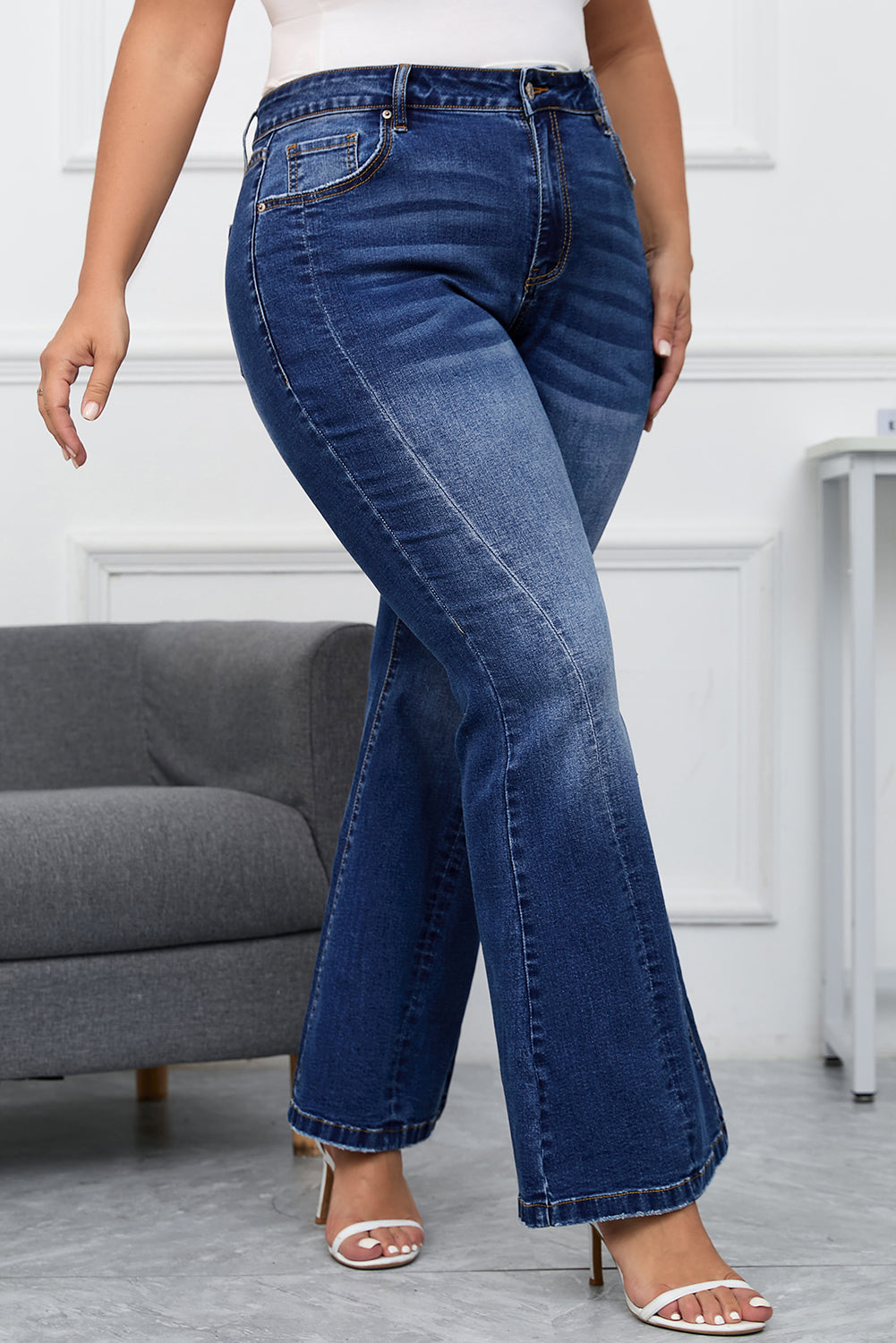 Dark Denim Blue Tailored Washed Flare Jeans (S - 2X)