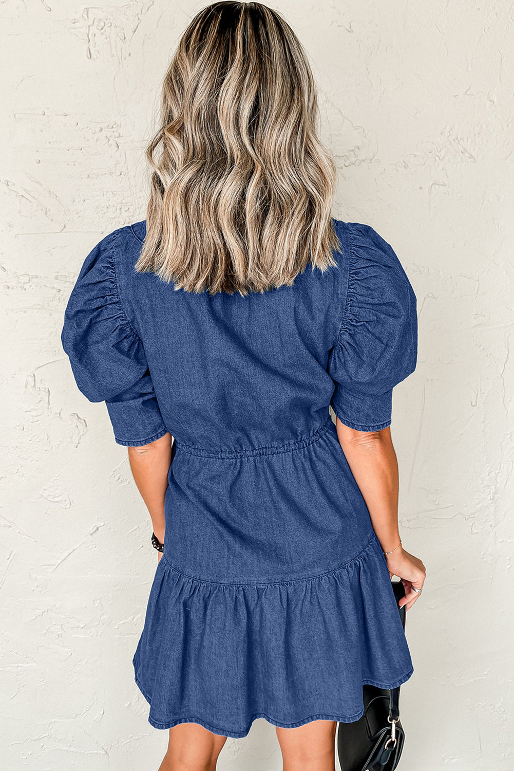 Chic Puff Sleeve Tie Waist Denim Dress