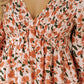Beige Floral V Neck Smocked Bishop Sleeve Babydoll Dress